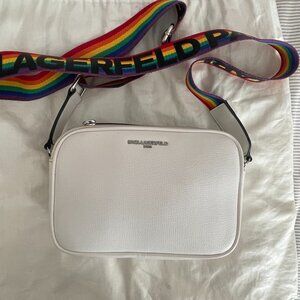 Karl Lagerfeld Maybelle Pebble White Leather Pride Rainbow Strap Crossbody Bag